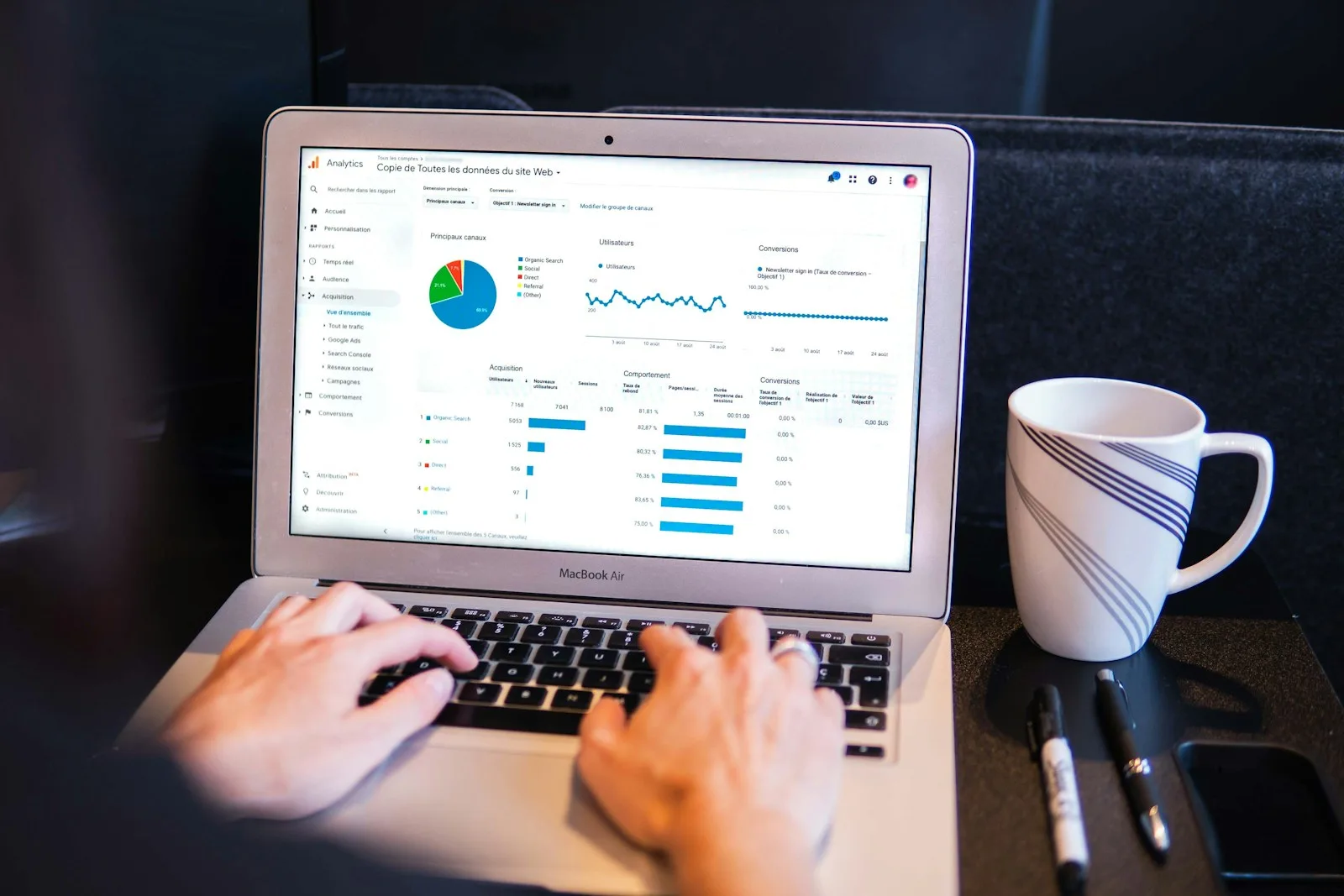 Informe de analítica web abierto en un portátil, con la evolución de las visitas por canal